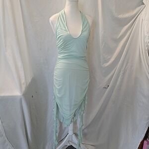 Generation Kiss Mesh Ruffle Hem Midi Dress Ruching Halter Tie Green Size M Fairy